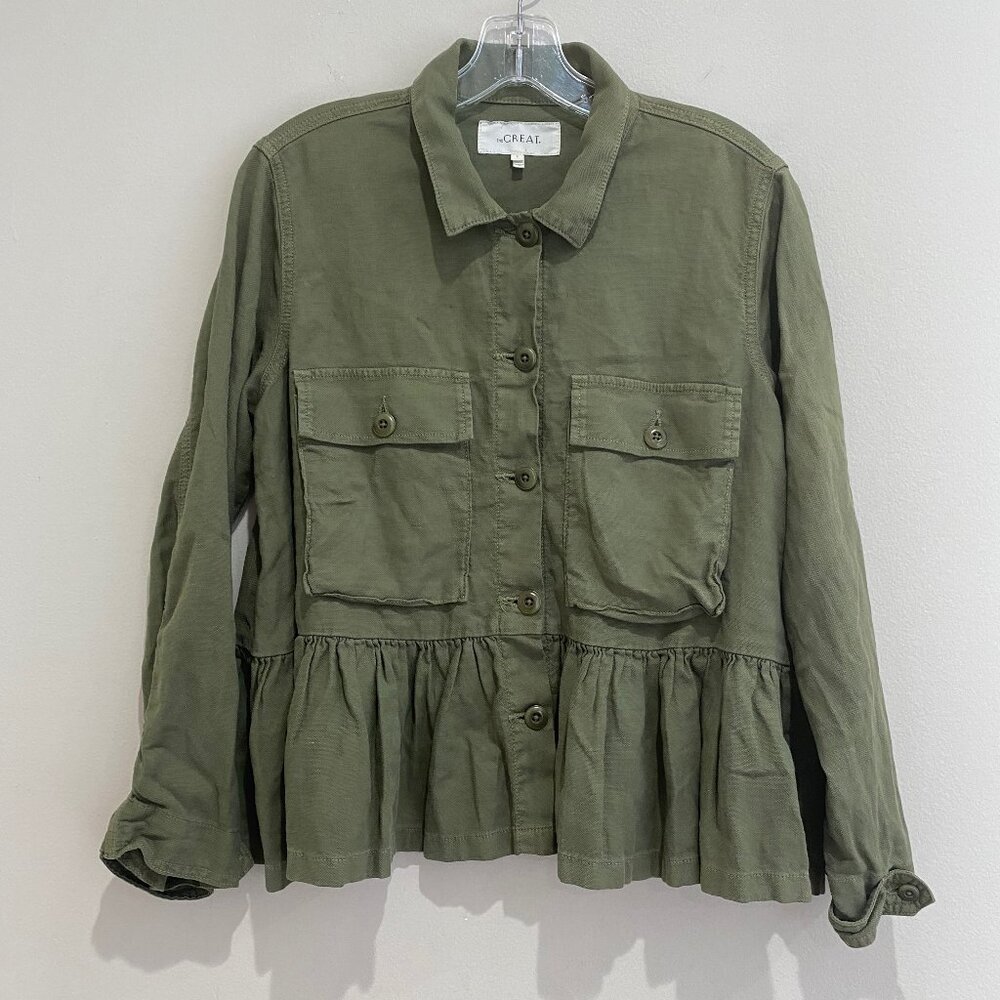 The Great Flutter Army Jacket Linen Cotton Ruffle Peplum Hem Green Sz 1 / S - Picture 2 of 13